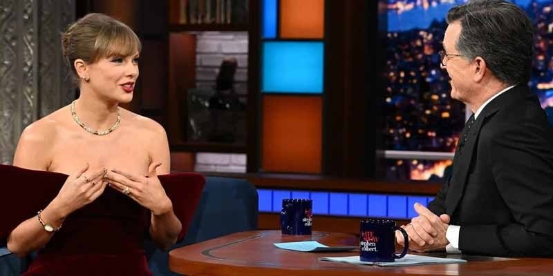 Taylor Swift stuns in $1,695 velvet minidress for “The Late Show with Stephen Colbert”