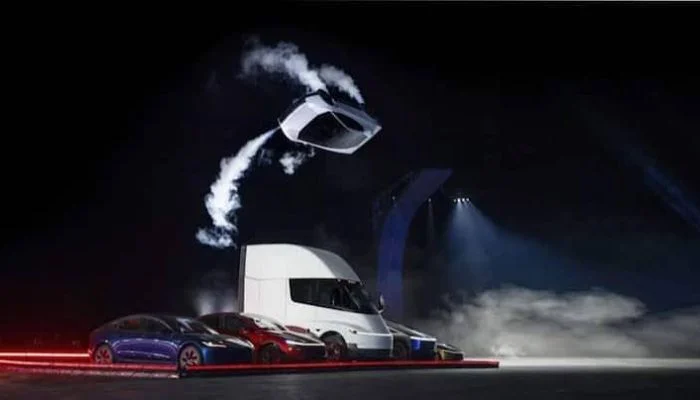 Tesla unveils roadster with midair flips and rocket thrusters