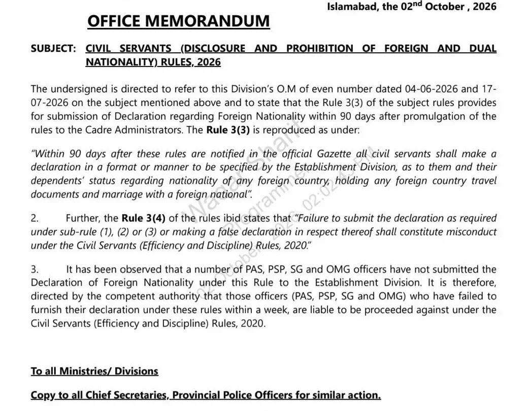 Govt warns officers of action over failure to declare dual nationality